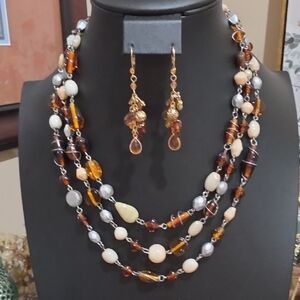 Multi-Strand Amber and Cream Beaded Necklace Set with Gold-Tone Earrings